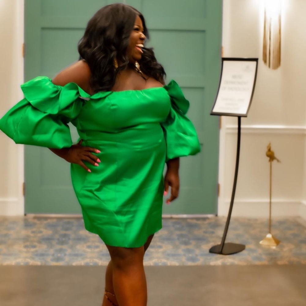 Gorgeous Green Satin Bardot Dress with puff sleeves